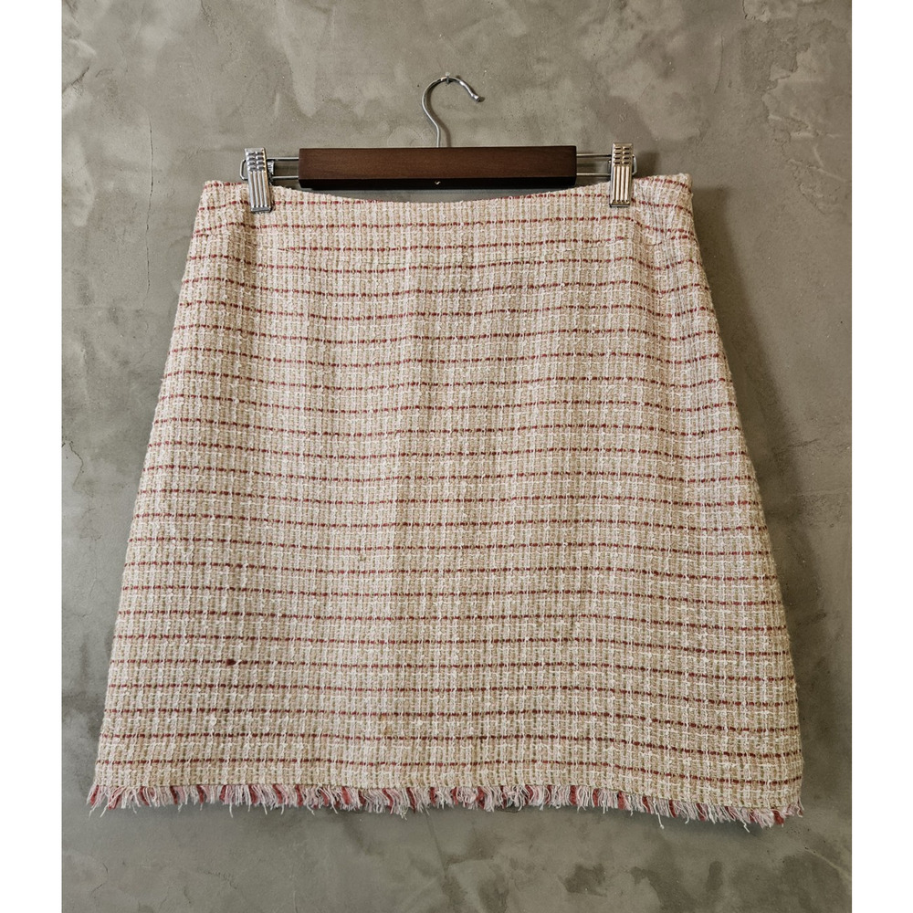 John Paul Richard Tweed Fringe A-Line Skirt Pink/Ivory/Red Knee Length Size 12